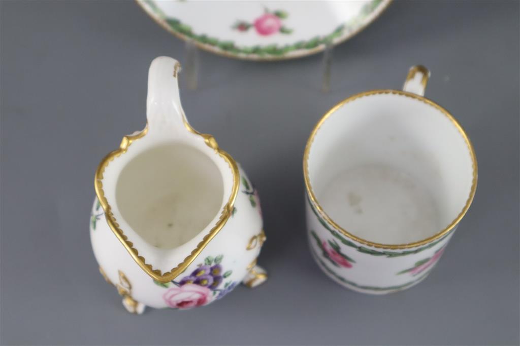 A Sevres cream jug, c.1768, and a Sevres hard paste coffee can and saucer, c.1781, (3)